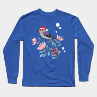 Pretty Holiday Flowers and Finch in Christmas Santa Hat Long Sleeve T-Shirt